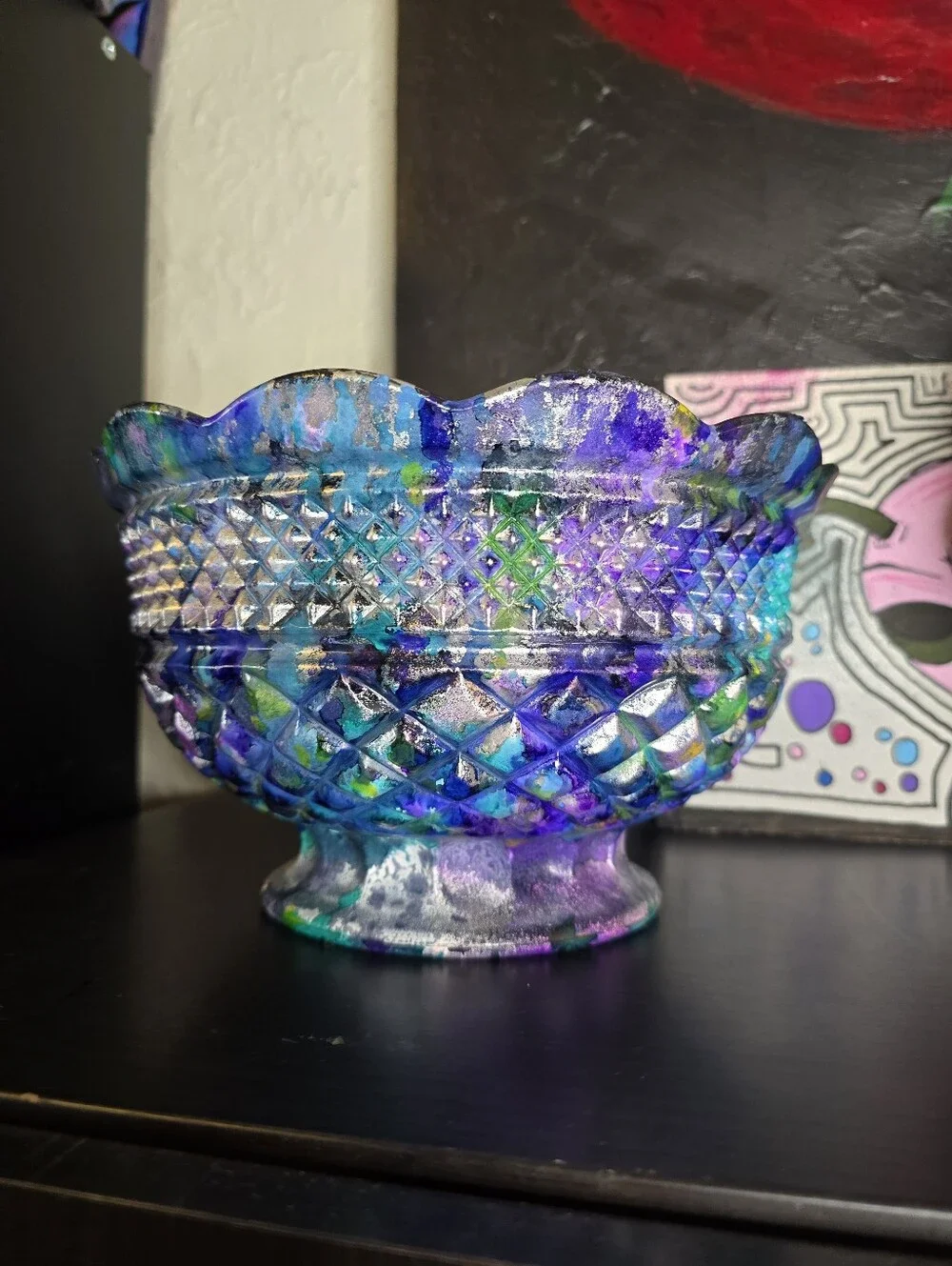 HANDCRAFTED Upcycled Glass Bowl HANDPAINTED Decorative Etched Glass Bowl W Stem